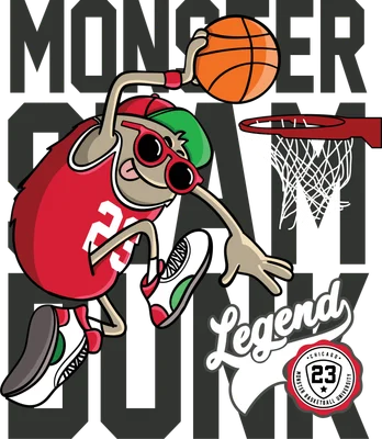 Hình minh họa quái vật đeo kính râm đang thực hiện cú ném bóng rổ slam dunk phong cách hoạt hình