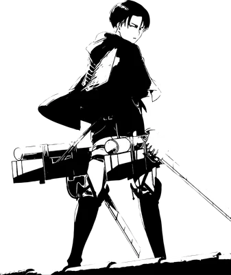 Hình vẽ Levi Ackerman trong Attack on Titan, cầm kiếm và thiết bị cơ động, nhìn về phía sau.