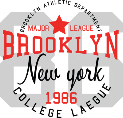 Hình ảnh thiết kế chữ Brooklyn New York với ngôi sao đỏ, phong cách thể thao đô thị trên nền xám.
