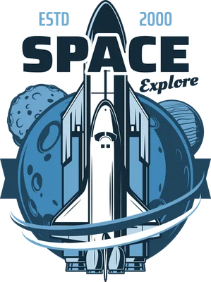 Hình minh họa tàu con thoi bay giữa các hành tinh và mặt trăng, với chữ SPACE và Explore.