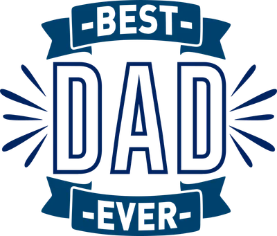 Thiết kế chữ 'Best Dad Ever' với dải băng và tia sáng, màu xanh dương trên nền xám.