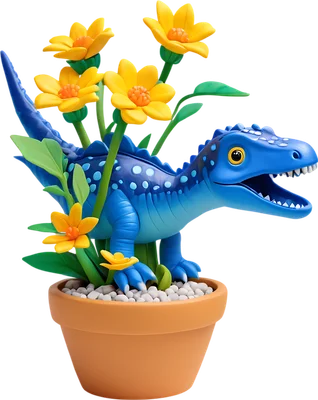 Hình ảnh chú khủng long xanh hoạt hình dễ thương đang đứng trong chậu cây với những bông hoa vàng tươi tắn, nền xám.