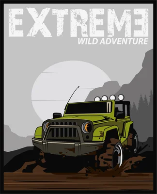 Hình minh họa xe địa hình màu xanh lá cây đang vượt qua vũng bùn, với chữ 'EXTREME WILD ADVENTURE' phía trên.