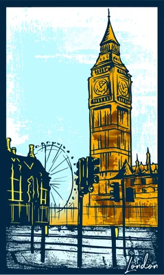 Tranh minh họa tháp đồng hồ Big Ben và vòng quay London Eye phong cách nghệ thuật cổ điển