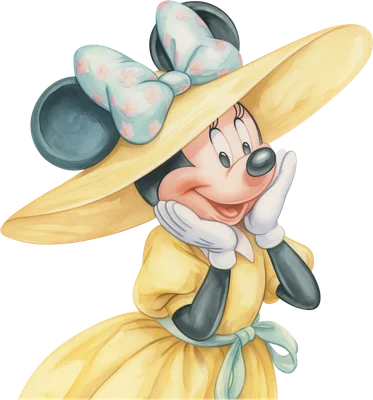 Minnie Mouse hoạt hình đội nón rộng vành màu vàng, váy vàng, nơ xanh hồng, tay ôm má, biểu cảm đáng yêu.