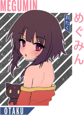 Hình ảnh cô gái anime Megumin với mái tóc tím, mắt hồng, mặc áo đỏ, ôm mèo đen, có chữ "MEGUMIN" và "OTAKU"