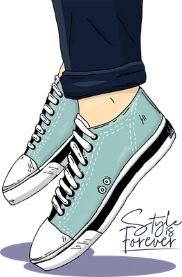 Hình minh họa đôi chân mang giày sneaker cao cổ màu xanh ngọc và quần jeans, với dòng chữ 'Style is Forever'.
