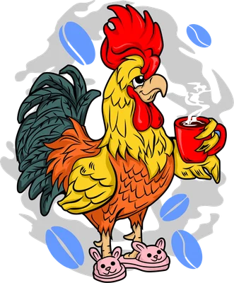Hình ảnh minh họa chú gà trống màu vàng cam đỏ, đội dép hình thỏ, cầm tách cà phê bốc khói, với hạt cà phê xanh và nền xám.