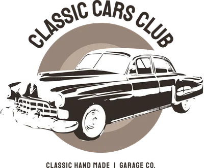 Hình minh họa xe hơi cổ điển màu đen trắng trên nền xám, với chữ 'CLASSIC CARS CLUB' và 'CLASSIC HAND MADE | GARAGE CO.'