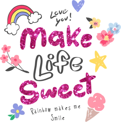 Hình in chữ Make Life Sweet màu hồng lấp lánh, kèm cầu vồng, kem ốc quế, hoa và ngôi sao trên nền xám.
