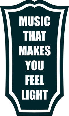 Thiết kế chữ "MUSIC THAT MAKES YOU FEEL LIGHT" trên nền xám, viền xanh đậm.