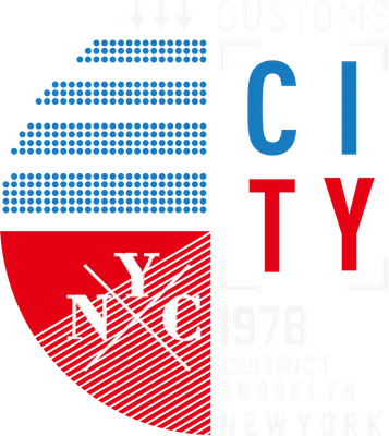 Hình in typography với chữ NYC, CITY, CUSTOMS, BROOKLYN NEWYORK trên nền xám, kết hợp màu đỏ, xanh, trắng.