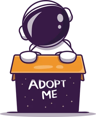 Hình ảnh phi hành gia hoạt hình dễ thương đội mũ bảo hiểm, ngồi trong hộp có chữ "Adopt Me"