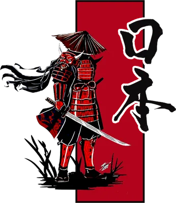 Hình ảnh chiến binh Samurai Nhật Bản mặc giáp đỏ, đội mũ, cầm kiếm, với chữ Hán lớn phía sau.