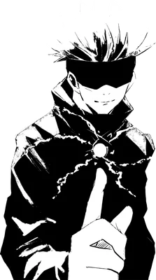 Hình ảnh Gojo Satoru, nhân vật anime với mái tóc trắng nhọn, đeo bịt mắt, mặc áo khoác đen, giơ ngón tay.