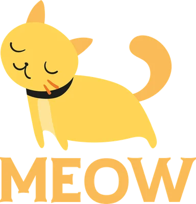 Hình ảnh minh họa mèo vàng hoạt hình với biểu cảm dễ thương, có chữ "MEOW" bên dưới.