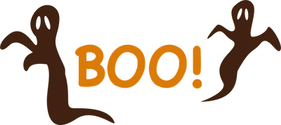 Hai con ma nâu dễ thương với chữ "BOO!" màu cam ở giữa, nền xám.