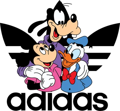 Hình ảnh hoạt hình Mickey, Donald và Goofy ôm nhau trước logo Adidas.