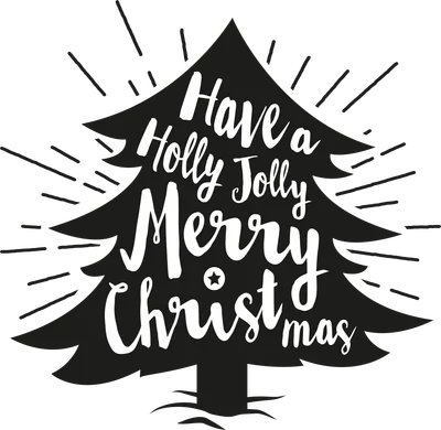 Hình cây thông Noel đen với dòng chữ trắng "Have a Holly Jolly Merry Christmas" và các tia sáng.