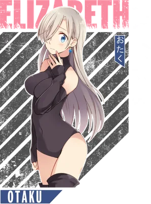 Hình vẽ Elizabeth Liones, nhân vật anime tóc bạc, mắt xanh, mặc trang phục đen hở vai, biểu cảm quyến rũ.