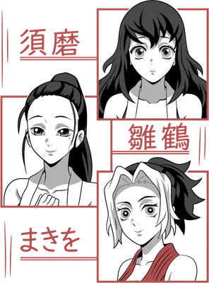 Ba nhân vật nữ anime với phong cách manga, mỗi người có kiểu tóc và biểu cảm khác nhau, được trình bày trong các khung hình vuông.