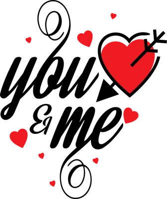 Hình ảnh chữ "You & Me" màu đen với trái tim đỏ xuyên bởi mũi tên, bao quanh bởi các trái tim nhỏ.