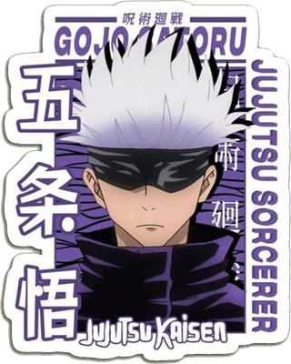 Hình ảnh nhân vật Gojo Satoru từ anime Jujutsu Kaisen với mái tóc trắng, đeo băng mắt, mặc áo tím.