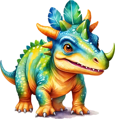 Hình ảnh khủng long hoạt hình Triceratops con nhiều màu sắc xanh, cam, vàng, với sừng và mào lá, đang mỉm cười.
