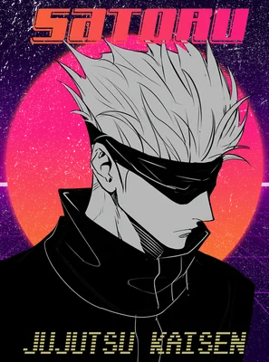 Hình vẽ Satoru Gojo từ Jujutsu Kaisen với phong cách retro synthwave, có chữ Satoru và Jujutsu Kaisen.