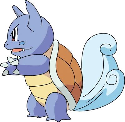 Hình ảnh Wartortle Pokémon hệ nước màu xanh dương với mai rùa nâu và đuôi xoắn ốc màu xanh nhạt trên nền xám.
