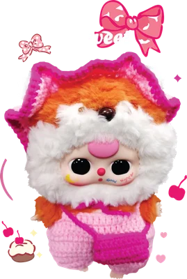 Hình ảnh búp bê lông xù màu hồng cam dễ thương với đôi mắt to, mặc đồ len, có chữ Sweet và hình nơ, bánh cupcake.