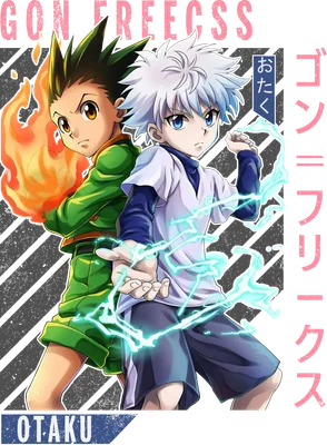 Hình ảnh Gon và Killua từ Hunter x Hunter, Gon có lửa bên trái, Killua có sét bên phải, phong cách anime.