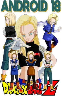 Hình ảnh Android 18 từ Dragon Ball Z với nhiều trang phục và phong cách khác nhau, bao gồm cả phiên bản chibi.