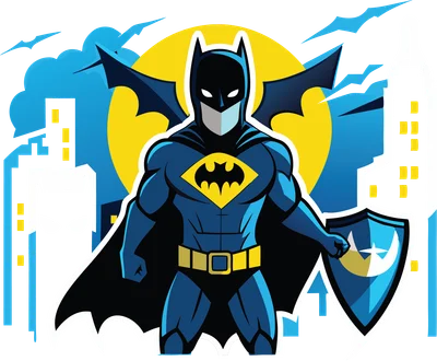 Hình ảnh Batman mặc trang phục xanh đen, đeo mặt nạ, cầm khiên, đứng trước cảnh thành phố và trăng vàng.