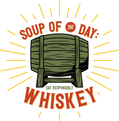 Hình minh họa thùng rượu gỗ màu xanh lá với chữ 'SOUP OF THE DAY: WHISKEY' và 'EAT RESPONSIBLY' trên nền xám, có tia sáng vàng.