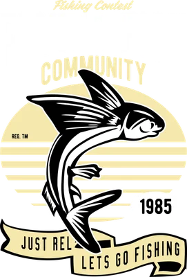 Hình minh họa cá bay đen trắng phong cách retro với chữ 'FLYING FISH COMMUNITY' và '1985' trên nền xám.