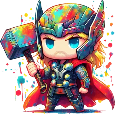 Hình ảnh nhân vật Thor chibi cầm búa Mjolnir, thiết kế đầy màu sắc với hiệu ứng splatter paint trên nền xám.