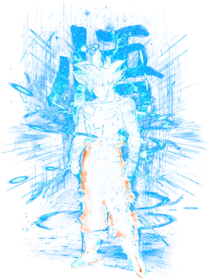 Hình ảnh Goku trong trạng thái Ultra Instinct với năng lượng tia sét xanh bao quanh, có chữ Kanji phía sau.
