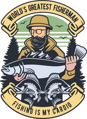 Hình minh họa ngư dân đội mũ đeo kính ôm cá lớn với dòng chữ World's Greatest Fisherman