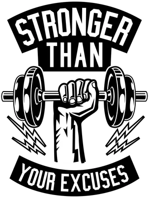 Hình ảnh một cánh tay nắm chặt tạ đòn, với dòng chữ 'STRONGER THAN YOUR EXCUSES' bao quanh.