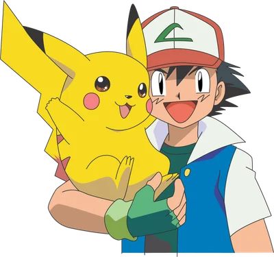 Ash Ketchum ôm Pikachu màu vàng tươi cười rạng rỡ, phong cách hoạt hình anime