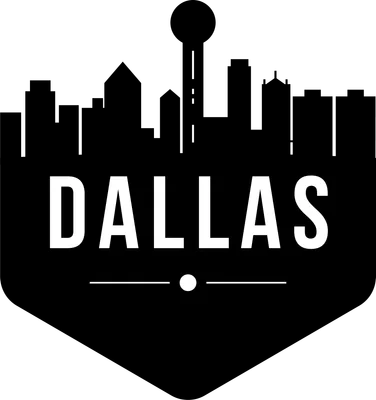 Hình ảnh biểu tượng thành phố Dallas với skyline và chữ DALLAS màu trắng trên nền đen.