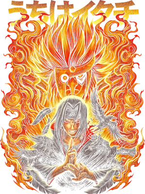 Hình ảnh Itachi Uchiha với biểu cảm mạnh mẽ, bao quanh bởi lửa và quạ, phía sau là hình ảnh mờ ảo của một nhân vật khác.