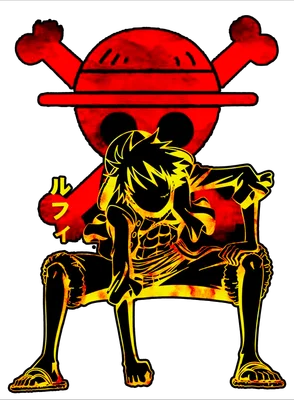 Hình ảnh nhân vật Luffy (One Piece) ngồi trên ghế, phía sau là biểu tượng Jolly Roger màu đỏ đen.