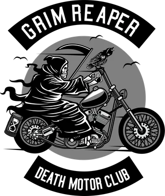 Hình minh họa tử thần Grim Reaper lái xe mô tô phong cách biker với quạ và đồng hồ cát
