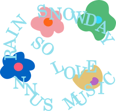 Hình minh họa các bông hoa trừu tượng nhiều màu sắc và chữ SNOWDAY, SO, LOVE, MUSIC, RAIN, SUN trên nền xám.