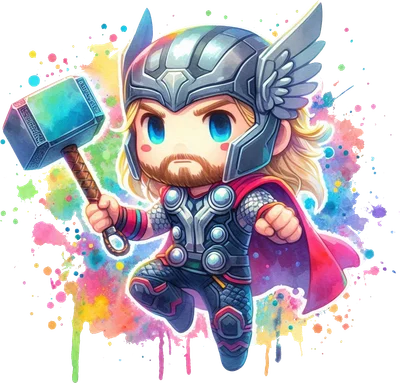 Hình ảnh chibi Thor cầm búa Mjolnir, trang phục siêu anh hùng, với hiệu ứng màu nước bắn tung tóe đầy màu sắc.
