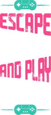 Hình ảnh typography với dòng chữ 'ESCAPE REALITY AND PLAY GAME' màu hồng và trắng, hiệu ứng grunge, kèm biểu tượng tay cầm chơi game màu xanh ngọc trên nền xám.
