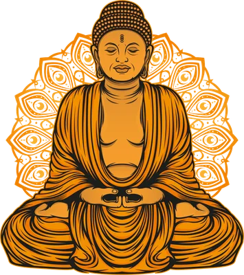 Hình ảnh Đức Phật Thích Ca ngồi thiền với đôi mắt nhắm, tay đặt trên đùi, phía sau là hoa văn mandala màu cam.