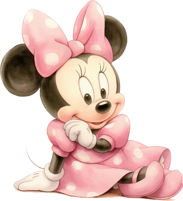 Minnie Mouse hoạt hình mặc váy hồng chấm bi và nơ hồng, đang ngồi với vẻ mặt tươi cười dễ thương.